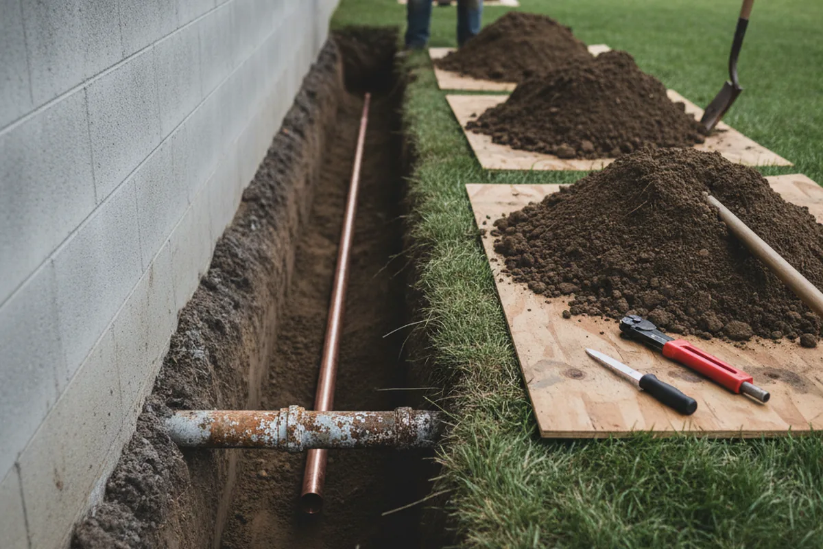 Excavated water line trench during Water Softener Installation in Gautier